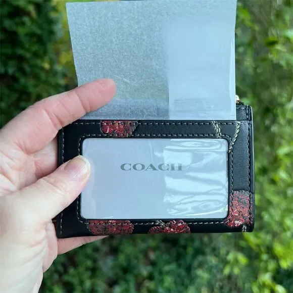 COACH Mini Skinny Id Case Leather Cherry Print Cardholder Keychain Wallet NWT